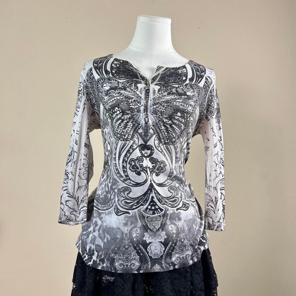 Y2K 3/4 Sleeve Rhinestone Butterfly Top
